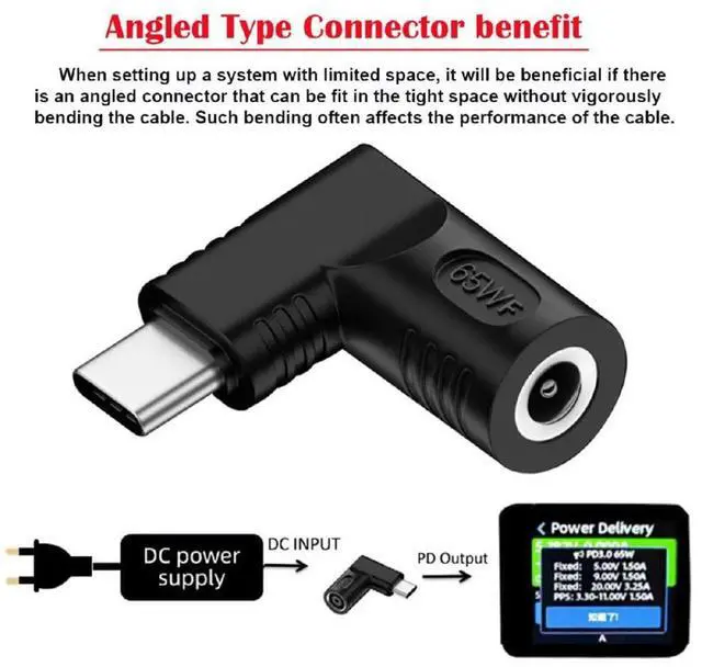Alt view image 3 of 7 - Vszerda DC Jack 5.5x2.5mm Input to USB-C Adapter Type-C Connector Angled 90 Degree Power Plug Charge Adapter for Laptop Phone 65W