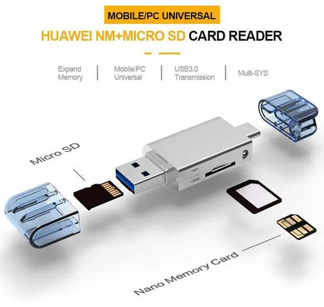 Alt view image 7 of 7 - Vszerda USB-C Type C/USB 2.0 to NM Nano Memory Card TF Micro SD Card Reader for Huawei Mobile Phone Laptop