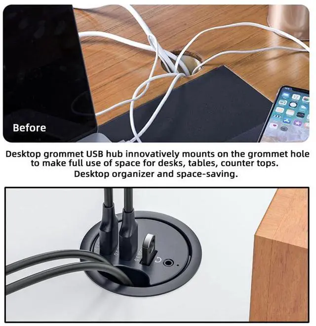 Alt view image 5 of 7 - Vszerda USB 3.0 Hub Splitter, Sound Card 3 Port USB Multiport Expander 60mm Desk Grommet Dock Station Headphone Mic Audio Interface for PC Desk Desktop