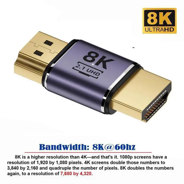 Alt view image 3 of 7 - Vszerda HDMI 8K Male to HDMI 2.1 Male UHD Extension Gold Converter Adapter Support 8K 60hz HDTV