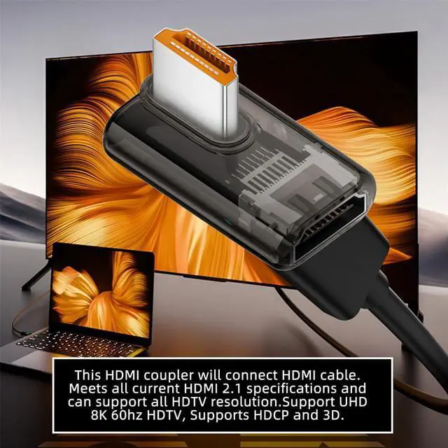 Alt view image 4 of 7 - Vszerda 90 Degree Right Angled Low Profile HDMI Male to HDMI 2.1 Female Adapter UHD 8K 60hz HDTV Extender Transparent with Smart LED Light for Monitor TV Projector