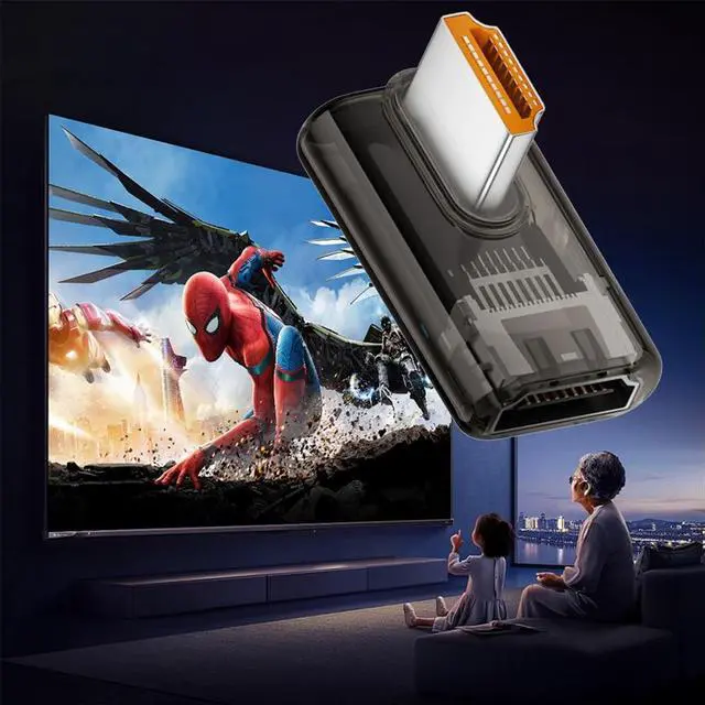 Alt view image 7 of 7 - Vszerda 90 Degree Right Angled Low Profile HDMI Male to HDMI 2.1 Female Adapter UHD 8K 60hz HDTV Extender Transparent with Smart LED Light for Monitor TV Projector