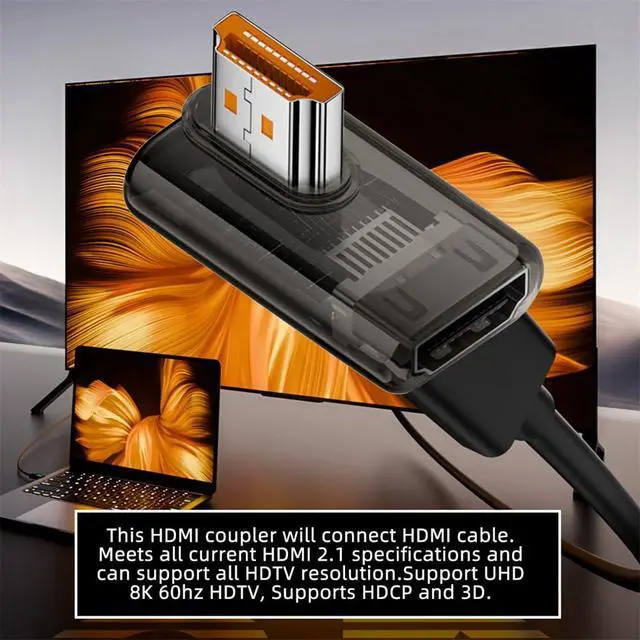 Alt view image 5 of 7 - Vszerda 90 Degree Left Angled Low Profile HDMI Male to HDMI 2.1 Female Adapter UHD 8K 60hz HDTV Extender Transparent with Smart LED Light for Monitor TV Projector