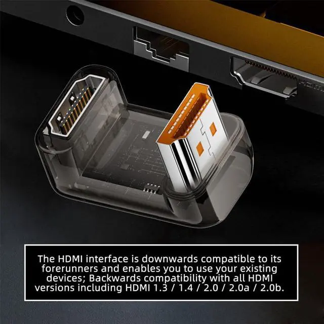 Alt view image 7 of 7 - Vszerda 360 Degree Up Angled Opposite U Shape Back HDMI Male to HDMI 2.1 Female Adapter UHD 8K 60hz HDTV Extender Transparent with Smart LED Light for Monitor