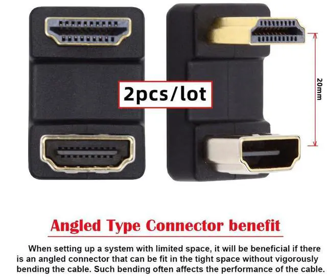 Alt view image 4 of 7 - Vszerda 2pcs/lot HDMI 1.4 Male Type-A to HDMI Female Up & Down Port Saver 360 Degree Opposite U Shape Back Angled Extension Adapter Coupler Connector