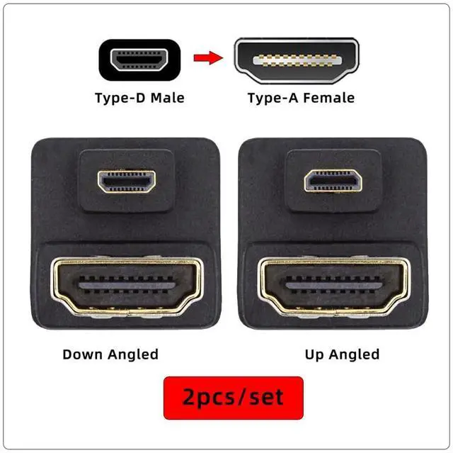 Alt view image 2 of 7 - Vszerda 2pcs/lot Micro HDMI 1.4 Male Type-D to HDMI Female Up & Down Port Saver 360 Degree Opposite U Shape Back Angled Extension Adapter Coupler Connector