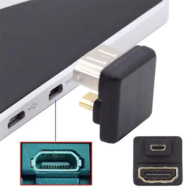 Alt view image 3 of 7 - Vszerda 2pcs/lot Micro HDMI 1.4 Male Type-D to HDMI Female Up & Down Port Saver 360 Degree Opposite U Shape Back Angled Extension Adapter Coupler Connector