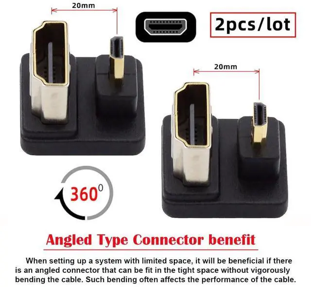 Alt view image 4 of 7 - Vszerda 2pcs/lot Micro HDMI 1.4 Male Type-D to HDMI Female Up & Down Port Saver 360 Degree Opposite U Shape Back Angled Extension Adapter Coupler Connector