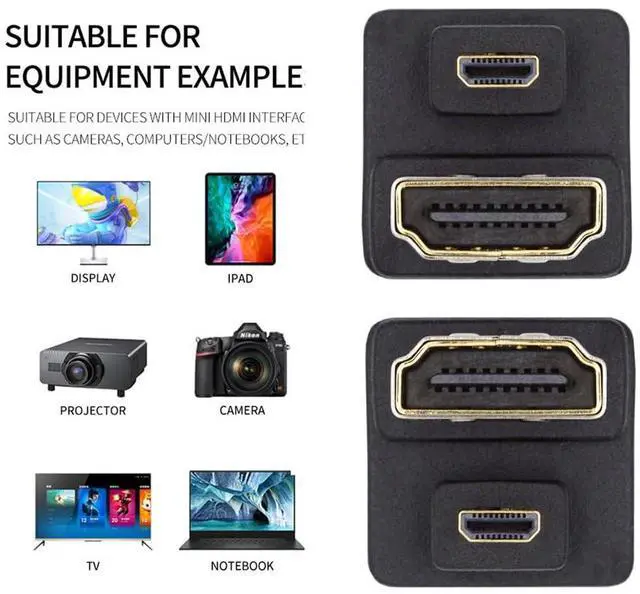 Alt view image 5 of 7 - Vszerda 2pcs/lot Micro HDMI 1.4 Male Type-D to HDMI Female Up & Down Port Saver 360 Degree Opposite U Shape Back Angled Extension Adapter Coupler Connector