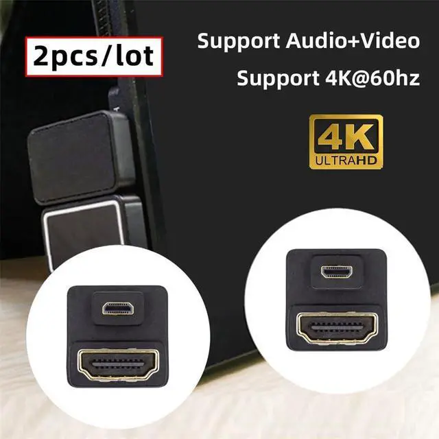 Alt view image 6 of 7 - Vszerda 2pcs/lot Micro HDMI 1.4 Male Type-D to HDMI Female Up & Down Port Saver 360 Degree Opposite U Shape Back Angled Extension Adapter Coupler Connector