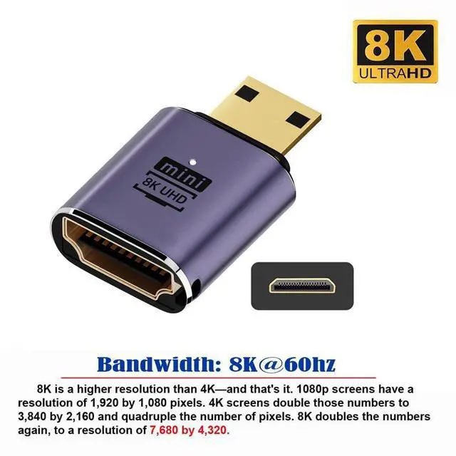 Alt view image 2 of 7 - Vszerda 8K Mini HDMI Male to HDMI 2.1 Female UHD Extension Gold Converter Adapter Support 8K 60hz HDTV
