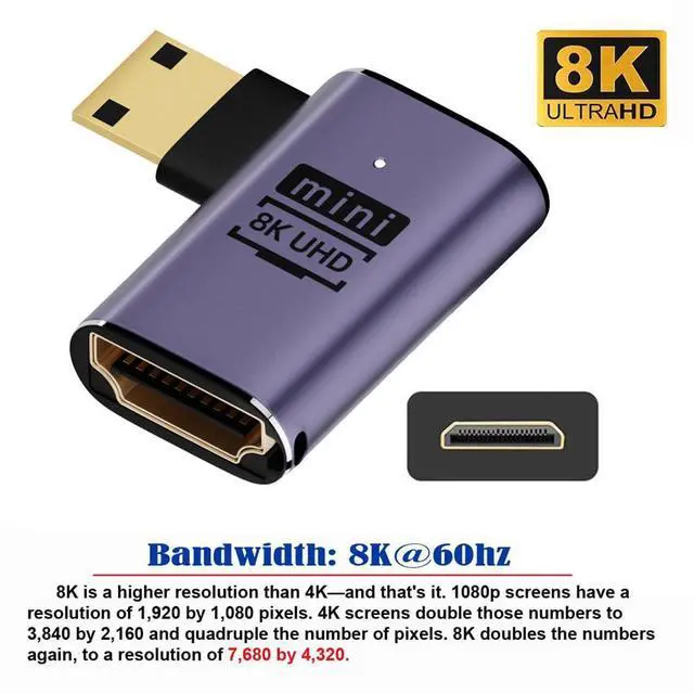 Alt view image 2 of 7 - Vszerda 8K Left Angled Mini HDMI Male to HDMI 2.1 Female UHD Extension Gold Converter Adapter Support 8K 60hz HDTV
