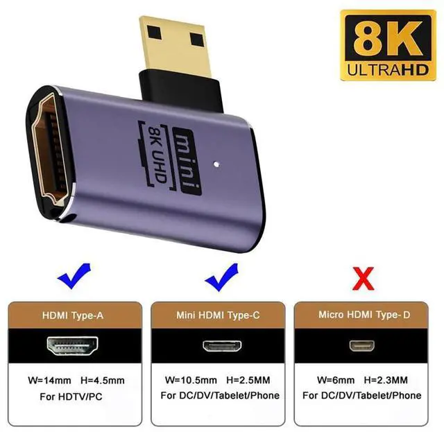 Alt view image 4 of 7 - Vszerda 8K Left Angled Mini HDMI Male to HDMI 2.1 Female UHD Extension Gold Converter Adapter Support 8K 60hz HDTV
