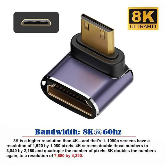 Alt view image 4 of 7 - Vszerda 8K Down Angled Mini HDMI Male to HDMI 2.1 Female UHD Extension Gold Converter Adapter Support 8K 60hz HDTV