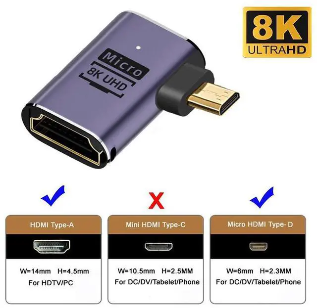 Alt view image 4 of 7 - Vszerda 8K Left Angled Micro HDMI Male to HDMI 2.1 Female UHD Extension Gold Converter Adapter Support 8K 60hz HDTV