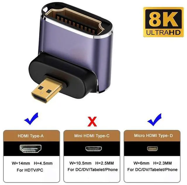 Alt view image 4 of 7 - Vszerda 8K Up Angled Micro HDMI Male to HDMI 2.1 Female UHD Extension Gold Converter Adapter Support 8K 60hz HDTV