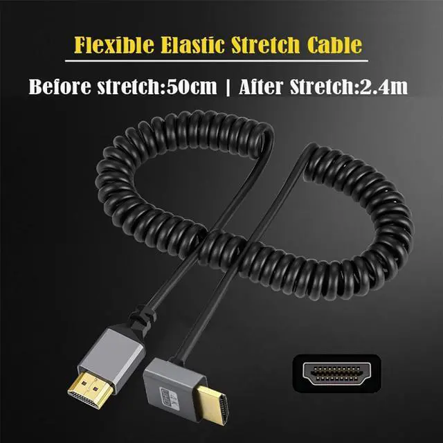 Alt view image 7 of 7 - Vszerda 4K 60hz HDMI 2.0 Male to HDMI Male Stretch Coiled Cable Down Angled 90 Degree Connector for HDTV Monitor Computer Laptop