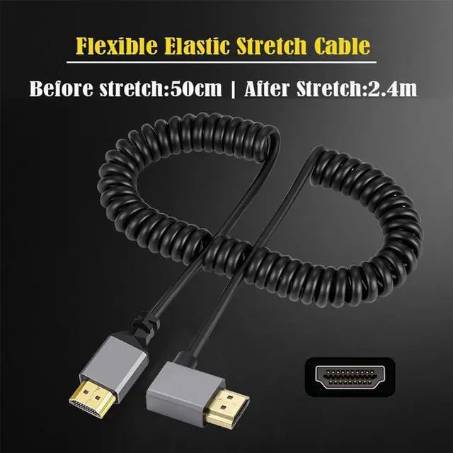 Alt view image 6 of 6 - Vszerda 4K 60hz HDMI 2.0 Male to HDMI Male Stretch Coiled Cable Right Angled 90 Degree Connector for HDTV Monitor Computer Laptop