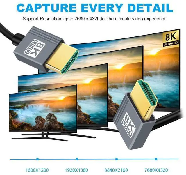 Alt view image 3 of 7 - Vszerda Down Angled HDMI 2.1 Male to HDMI Male Stretch Coiled Cable 90 Degree 8K 60hz 100cm for Monitor HDTV Computer Laptop