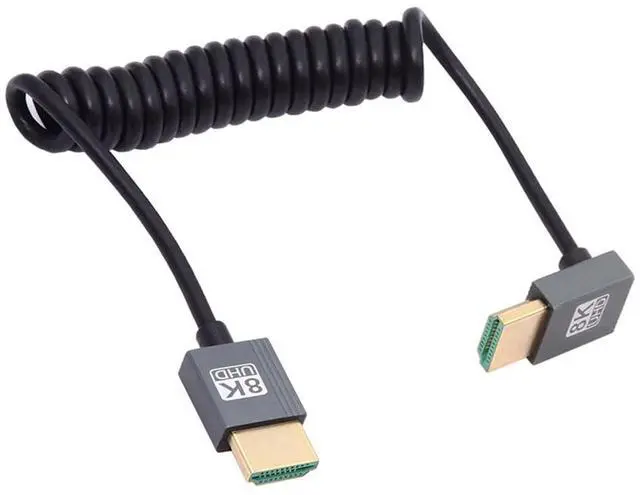 Alt view image 7 of 7 - Vszerda Down Angled HDMI 2.1 Male to HDMI Male Stretch Coiled Cable 90 Degree 8K 60hz 100cm for Monitor HDTV Computer Laptop