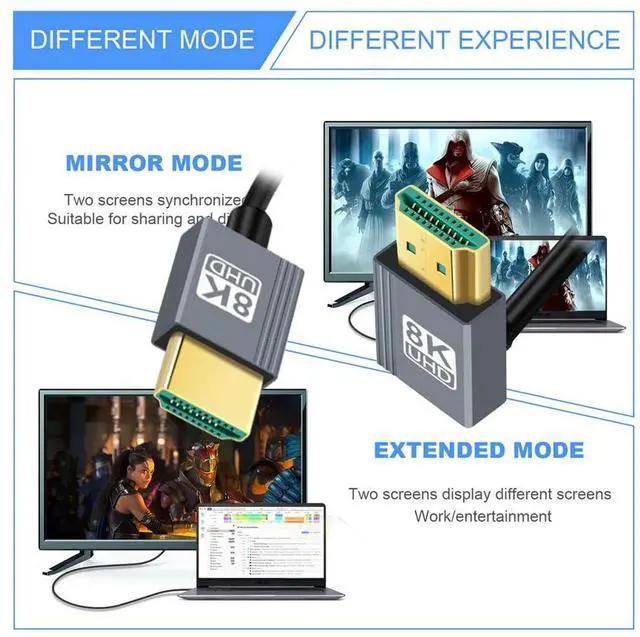 Alt view image 5 of 7 - Vszerda Up Angled HDMI 2.1 Male to HDMI Male Stretch Coiled Cable 90 Degree 8K 60hz 100cm for Monitor HDTV Computer Laptop