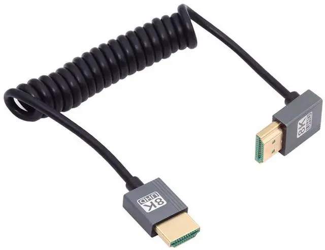 Alt view image 7 of 7 - Vszerda Up Angled HDMI 2.1 Male to HDMI Male Stretch Coiled Cable 90 Degree 8K 60hz 100cm for Monitor HDTV Computer Laptop