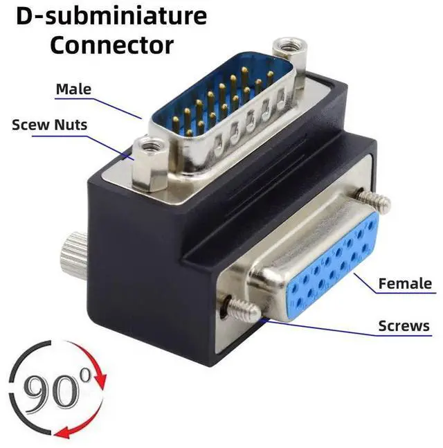 Alt view image 5 of 6 - Vszerda DB15 Serial Adapters D-SUB 15-pin RS232 D-subminiature Adapter Male to Female with Screw Nuts DB Connector Up 90 Degree Angled
