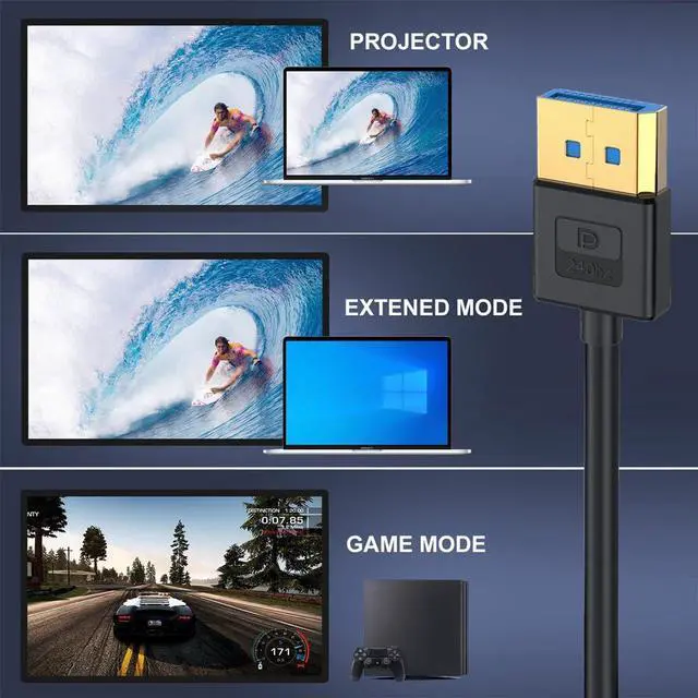 Alt view image 7 of 7 - Vszerda Ultrafine DisplayPort 1.4 Cable Right Angled 8K 4K 3.2ft/100cm, DP to DP Bi-Directional [UHD, 8K@60Hz, 4K@144Hz] Ultra-HD 32.4Gbps 90 Degree Extension Cord for Graphics Card Laptop Monitor