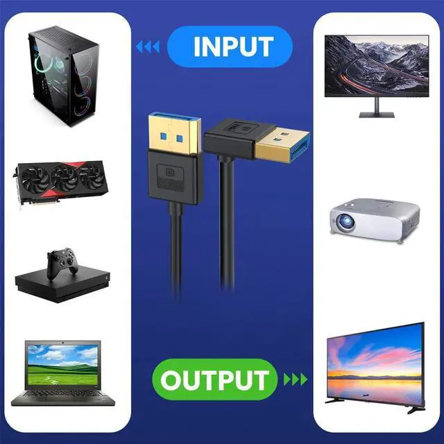Alt view image 6 of 7 - Vszerda Down Angled Ultrafine DisplayPort 1.4 Cable 8K 4K 3.2ft/100cm, DP to DP Bi-Directional [UHD, 8K@60Hz, 4K@144Hz] Ultra-HD 32.4Gbps 90 Degree Extension Cord for Graphics Card Laptop Monitor