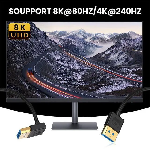 Alt view image 4 of 7 - Vszerda Ultrafine 90 Degree Up Angled DisplayPort 1.4 Cable 8K 4K 3.2ft/100cm, DP to DP Bi-Directional [UHD, 8K@60Hz, 4K@144Hz] Ultra-HD 32.4Gbps Extension Cord for Graphics Card Laptop Monitor