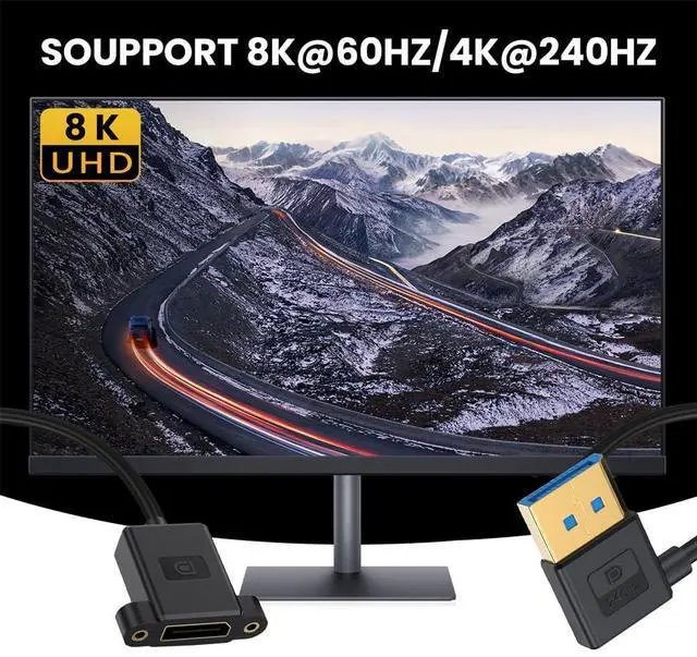 Alt view image 4 of 7 - Vszerda Left Angled DisplayPort 1.4 Ultrafine DP Male to Female Extension Cable 8K 60hz 4K 144hz for Graphics Card Desktop Laptop Monitor 30cm
