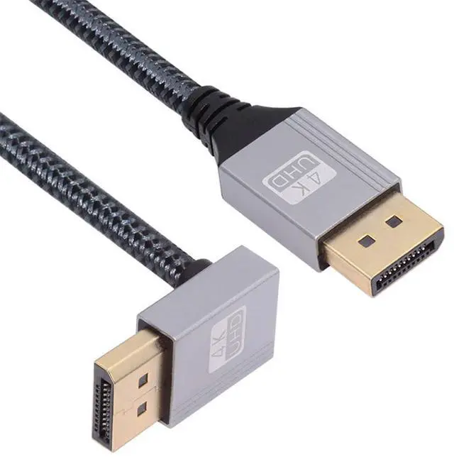 Main image of Vszerda Up Angled DP to DP Cable 4K 60hz 90 Degree DisplayPort Cable Silver Sleeve Ultra-HD UHD for Desktop Laptop Monitor Graphics Card, 2m
