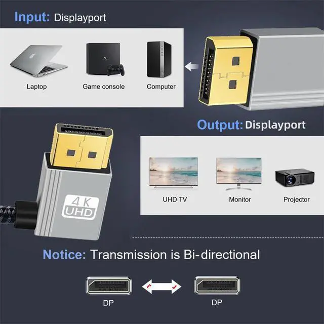 Alt view image 7 of 7 - Vszerda DisplayPort Cable DP to DP 4K 60hz Ultra-HD UHD 90 Degree Right Angled Silver Sleeve for Graphics Card Desktop Laptop Monitor, 2m