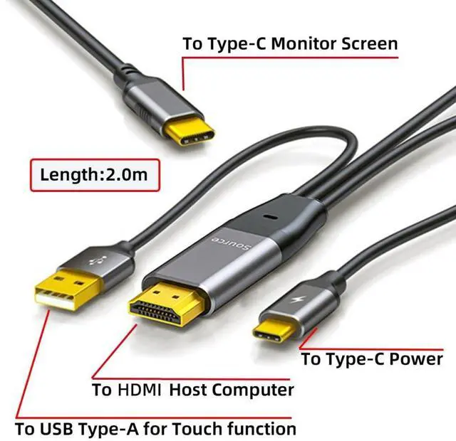Alt view image 3 of 7 - Vszerda Reversed HDMI to USB-C Cable 4K, HDMI Type-A Source to Type-C Male Touch Screen Displays HDTV Cord for Laptop Monitor 2.0m/6.56ft