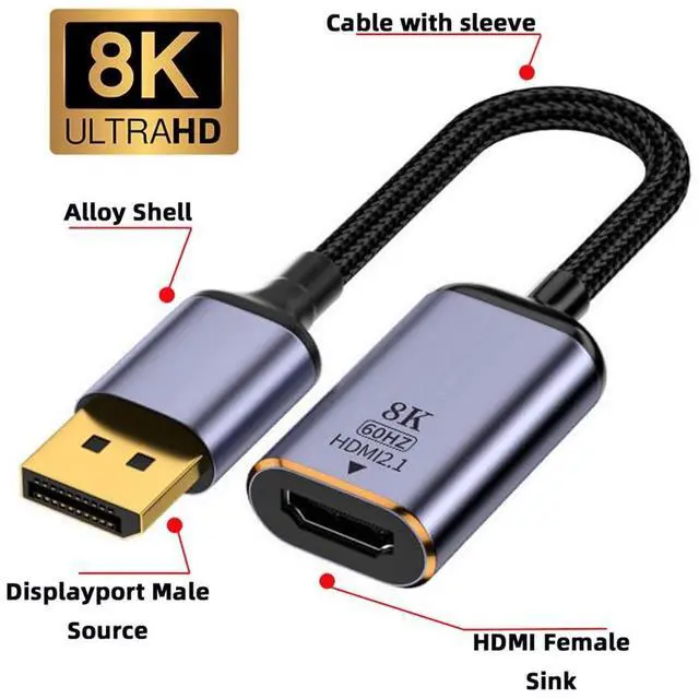 Alt view image 3 of 7 - Vszerda DisplayPort 1.4 Source to HDMI 2.0 Display 8K 60hz UHD 4K DP to HDMI Female Monitor Adapter Cable
