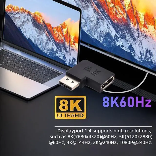 Alt view image 4 of 7 - Vszerda 4K UHD 144hz Mini DisplayPort 1.4 Male to DP Female Angled Adapter 8K 60hz Ultra-HD 7680 * 4320 for Laptop Video PC Monitor