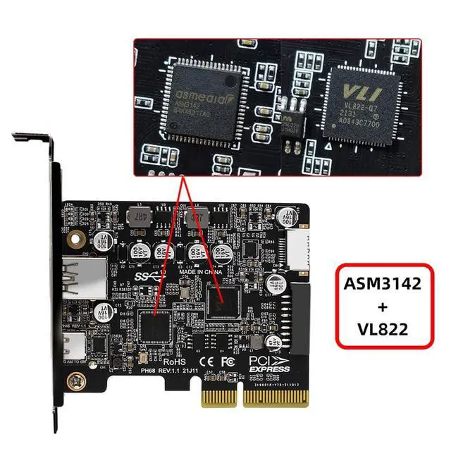 Alt view image 5 of 7 - Vszerda Type-E USB 3.1 Front Socket 10Gbps & 19Pin/20Pin USB3.0 & USB-C Type-A to PCI-E Express Card Adapter ASM3142 VL822