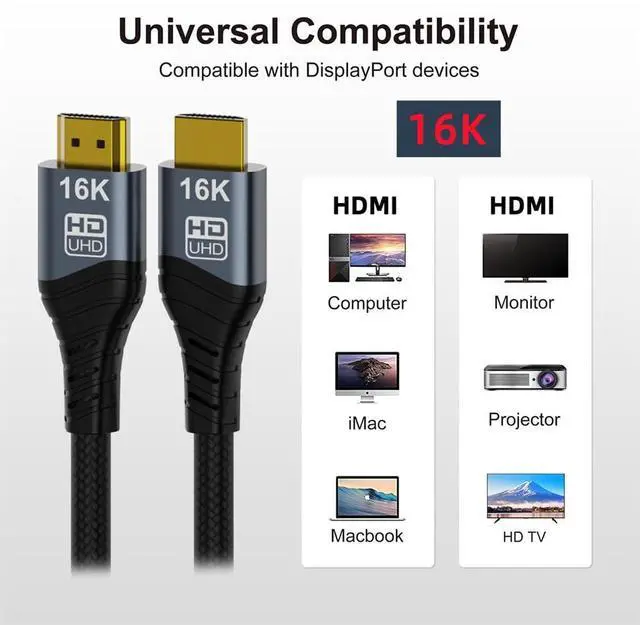 Alt view image 4 of 7 - Vszerda 16K 8K UHD HDMI 2.2 Cable 1.6FT/0.5M High Speed Type-A Male to HDMI Male Braided HDTV Cord for Gaming Monitor Desktop Laptop