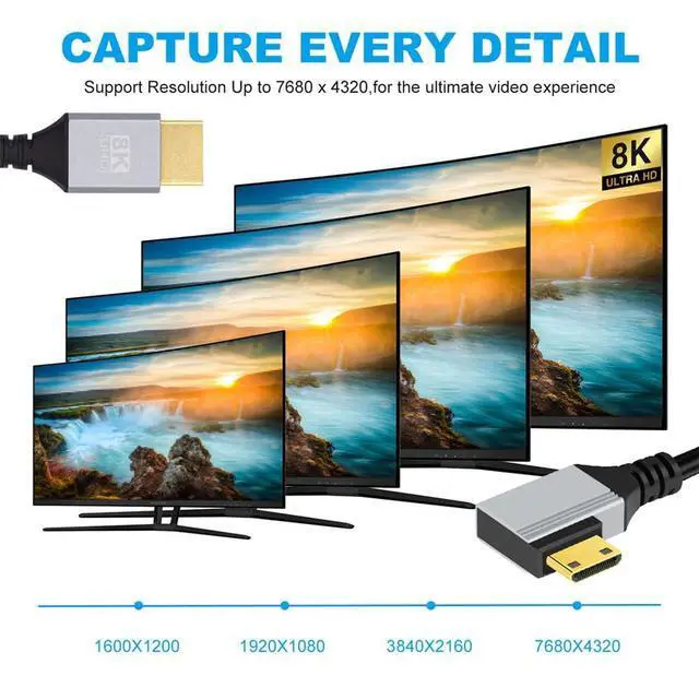 Alt view image 6 of 7 - Vszerda Ultra Thin HDTV Cable 90 Degree Left Angled Mini HDMI 2.1 Type-A to Type-C 8K 4K Hyper Super Flexible Slim Cord for Camera HDTV 0.5m/1.5ft