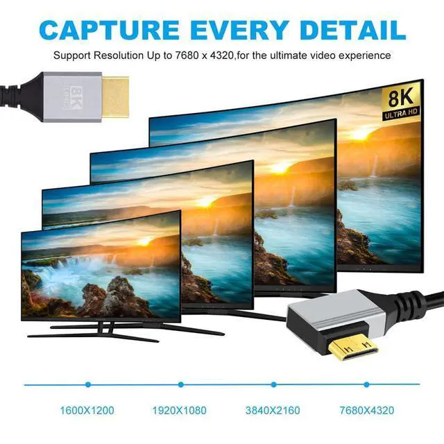 Alt view image 6 of 7 - Vszerda Ultra Thin HDTV Cable 90 Degree Right Angled Mini HDMI 2.1 Type-A to Type-C 8K 4K Hyper Super Flexible Slim Cord for Camera HDTV 0.5m/1.5ft