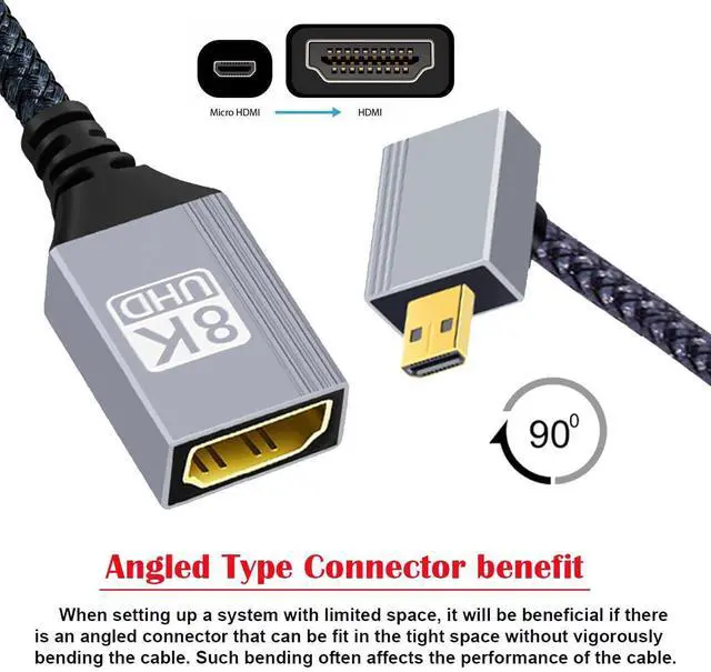 Alt view image 3 of 7 - Vszerda 8K Micro HDMI 2.1 Type-D Male Down Angled 90 Degree to HDMI Female Extension HDTV Cable for Monitor DV Camera Laptop Portable 17cm