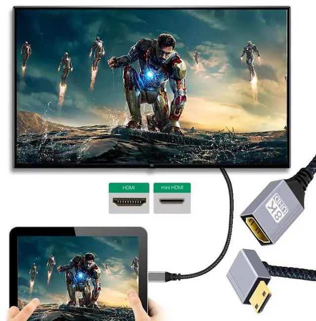 Alt view image 4 of 7 - Vszerda Type-C Mini HDMI 2.1 8K Down Angled 90 Degree to HDMI Female Short Extension Cable HDTV for DV Camera Laptop Portable Monitor 17cm