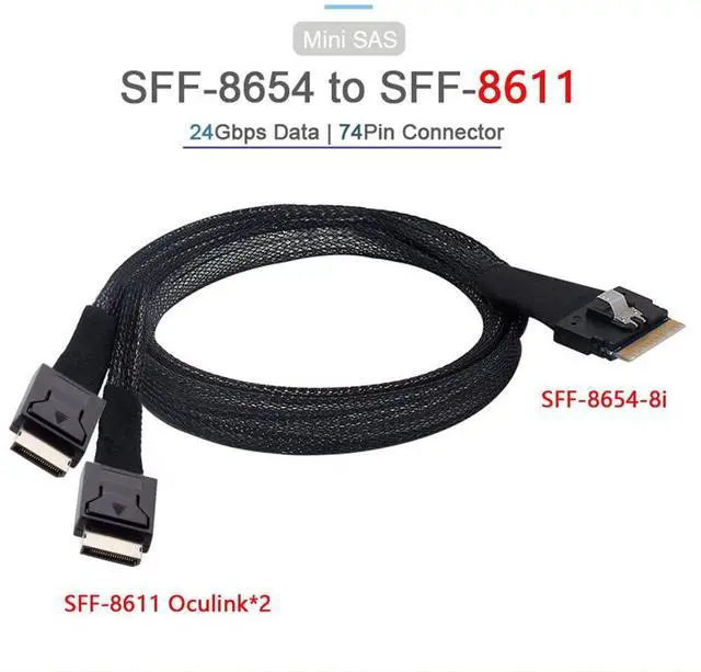 Alt view image 3 of 7 - Vszerda PCI-E Ultraport Slimline SAS Slim 4.0 SFF-8654 8i 74pin to Dual Oculink SFF-8611 Cable 50cm PCI-Express