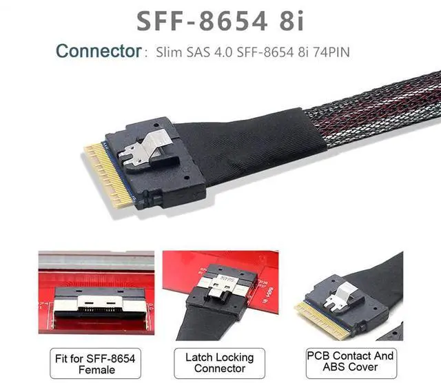 Alt view image 3 of 7 - Vszerda PCI-E Slimline SAS 4.0 SFF-8654 8i 74pin Host to SFF-8654 74Pin Slim SAS Target Cable 50cm