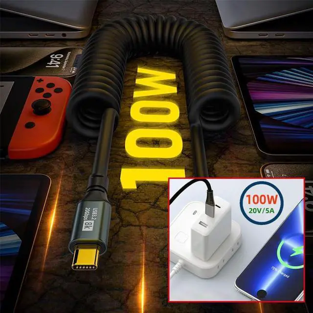 Alt view image 5 of 7 - Vszerda USB4 Stretch Type-C Male to Female Extension Cord, Keyboard Coiled USB-C Charger Data Cable 20Gbps 100W 8K for Laptop Tablet 1.8M