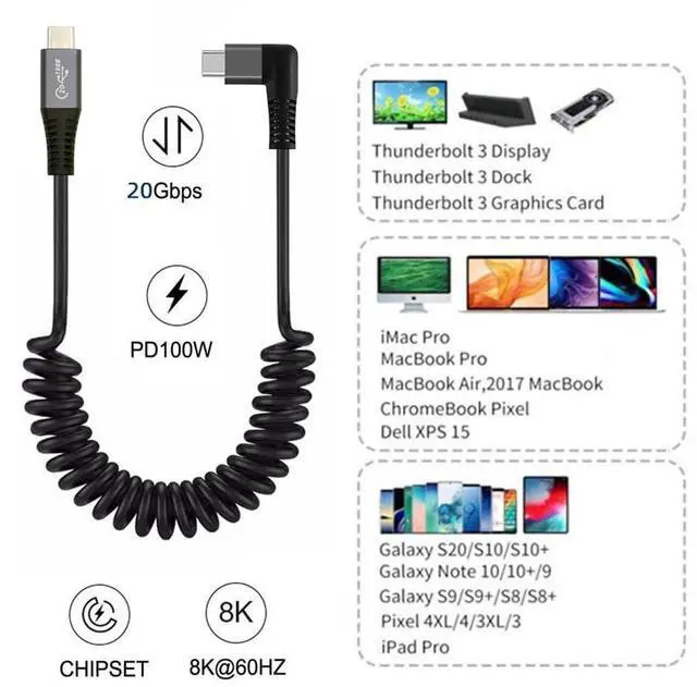 Alt view image 4 of 7 - Vszerda USB4 Stretch Type-C Right Angled Male to Male Extension Cord, 20Gbps 100W 8K Keyboard Coiled USB-C Charger Data Cable for Laptop Tablet 1.8M