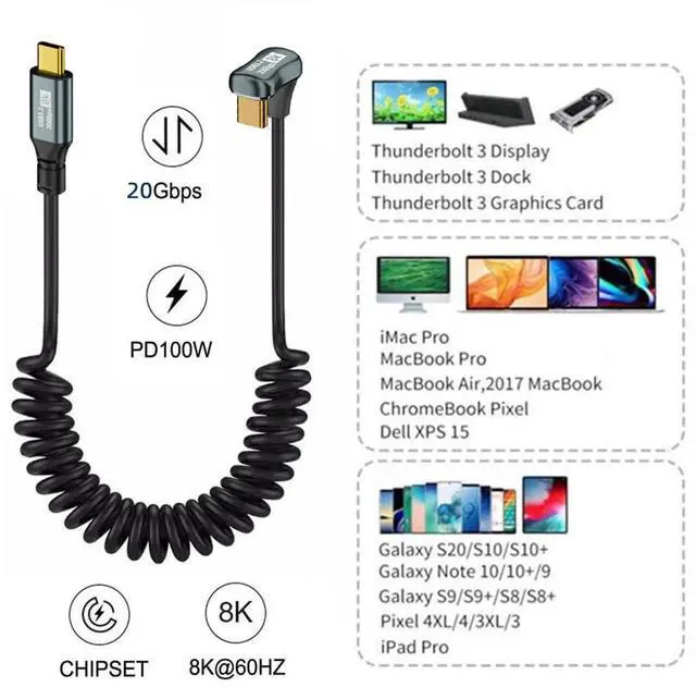 Alt view image 4 of 7 - Vszerda USB4 Stretch Type-C Opposite Back Angled Male to Male Extension Cord, 20Gbps 100W 8K Keyboard Coiled USB-C Charger Data Cable for Laptop Tablet 1.8M