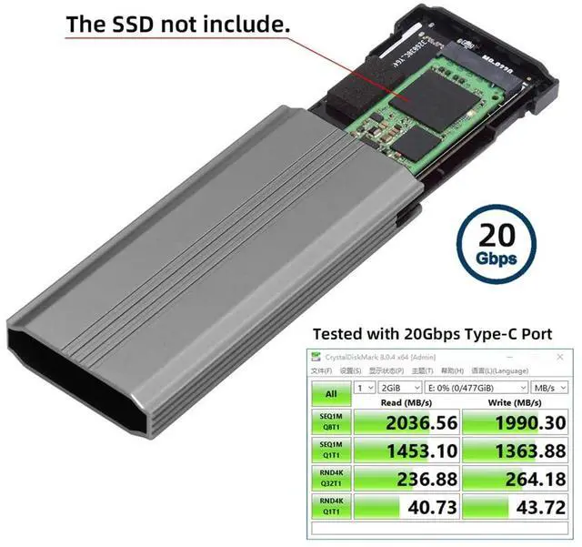 Alt view image 6 of 7 - Vszerda 20Gbps USB Adapter Reader Case Type-C USB3.2 USB4 to M-Key M.2 NGFF NVME SATA SSD PCBA Enclosure 2280/2242/2260mm RTL9220