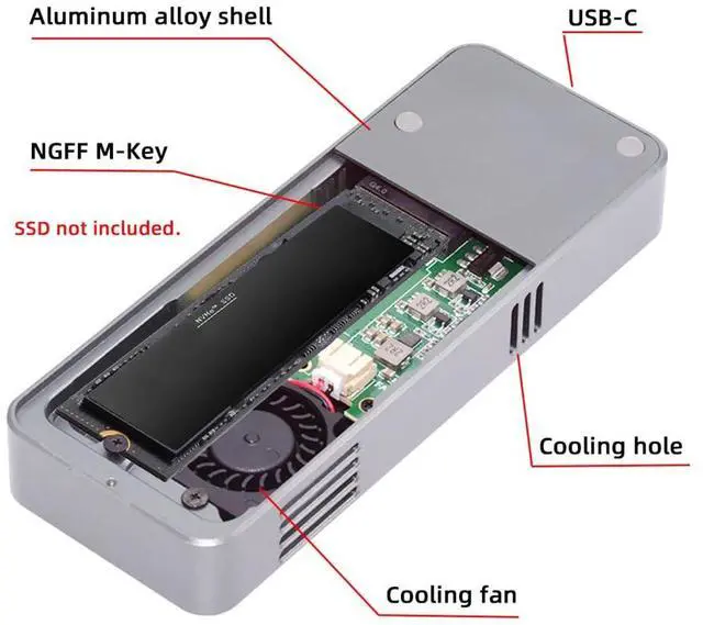 Alt view image 6 of 7 - Vszerda 40Gbps USB4 Type-C to PCI-E 4.0 X4 NVMe Aluminum M.2 Enclosure NGFF M-Key with Cooling Fan, Anti-Drop SSD Case USB-C 20Gbps ASM2464 Chipset