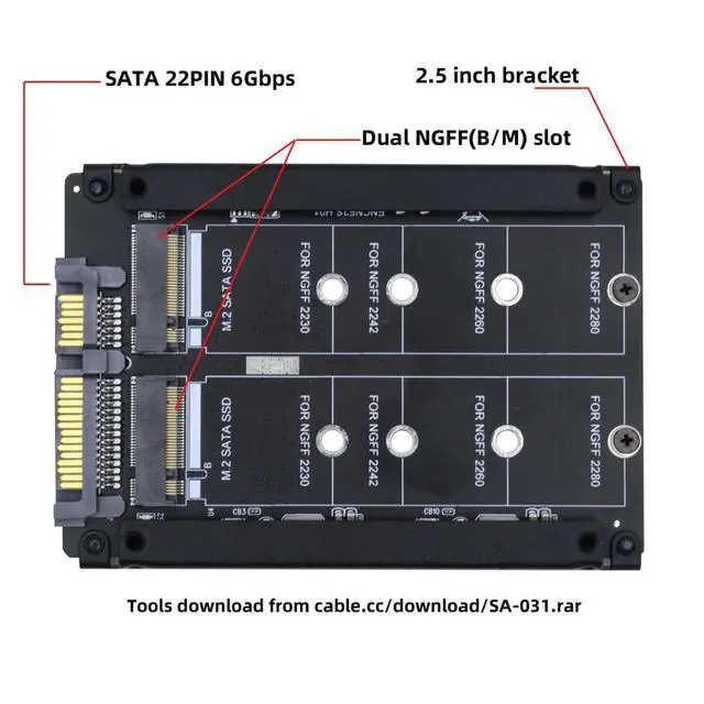 Alt view image 4 of 7 - Vszerda Dual NGFF B+M Key M.2 SSD Card JBOD Raid0 Span Bridge to 2.5inch SATA Combo HDD Disk Drive Enclosure